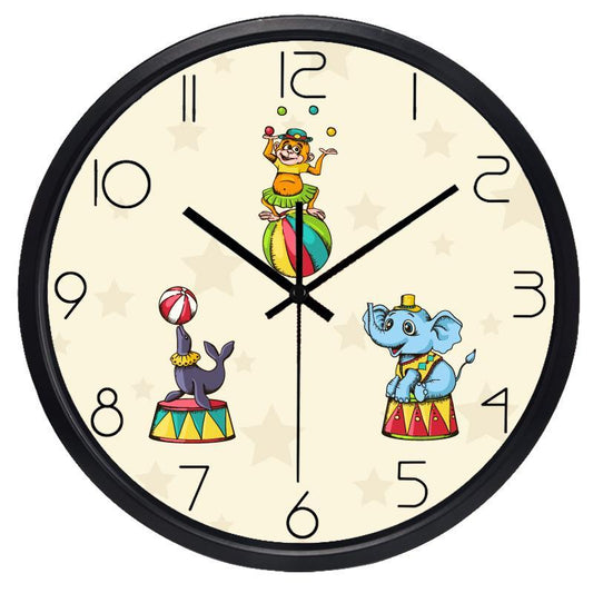 Playful Circus Wall Clock For kids Room, Glass Cover Metal Frame Clock