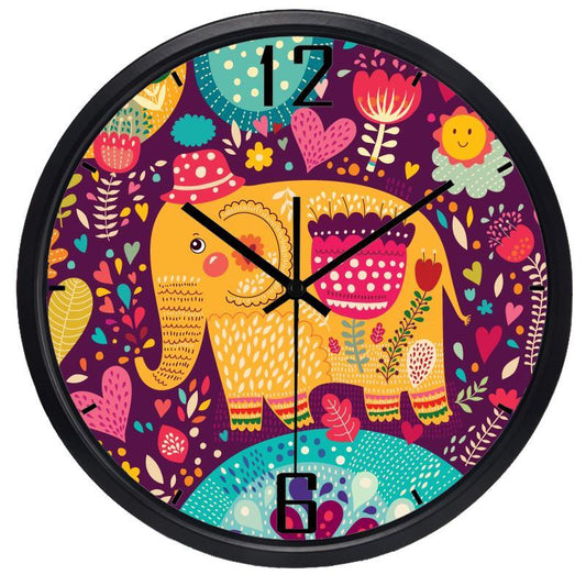 Cartoon Kid Room for Children Bedroom Wall Clock Cute Elephant Lovely Hang Watch, No Ticking Sound