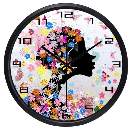 Pretty Women Lady fo Girl Room Wall Clock Beauty Salon Stop Bedroom Make up Room Wall Clock Butterfly Flowers